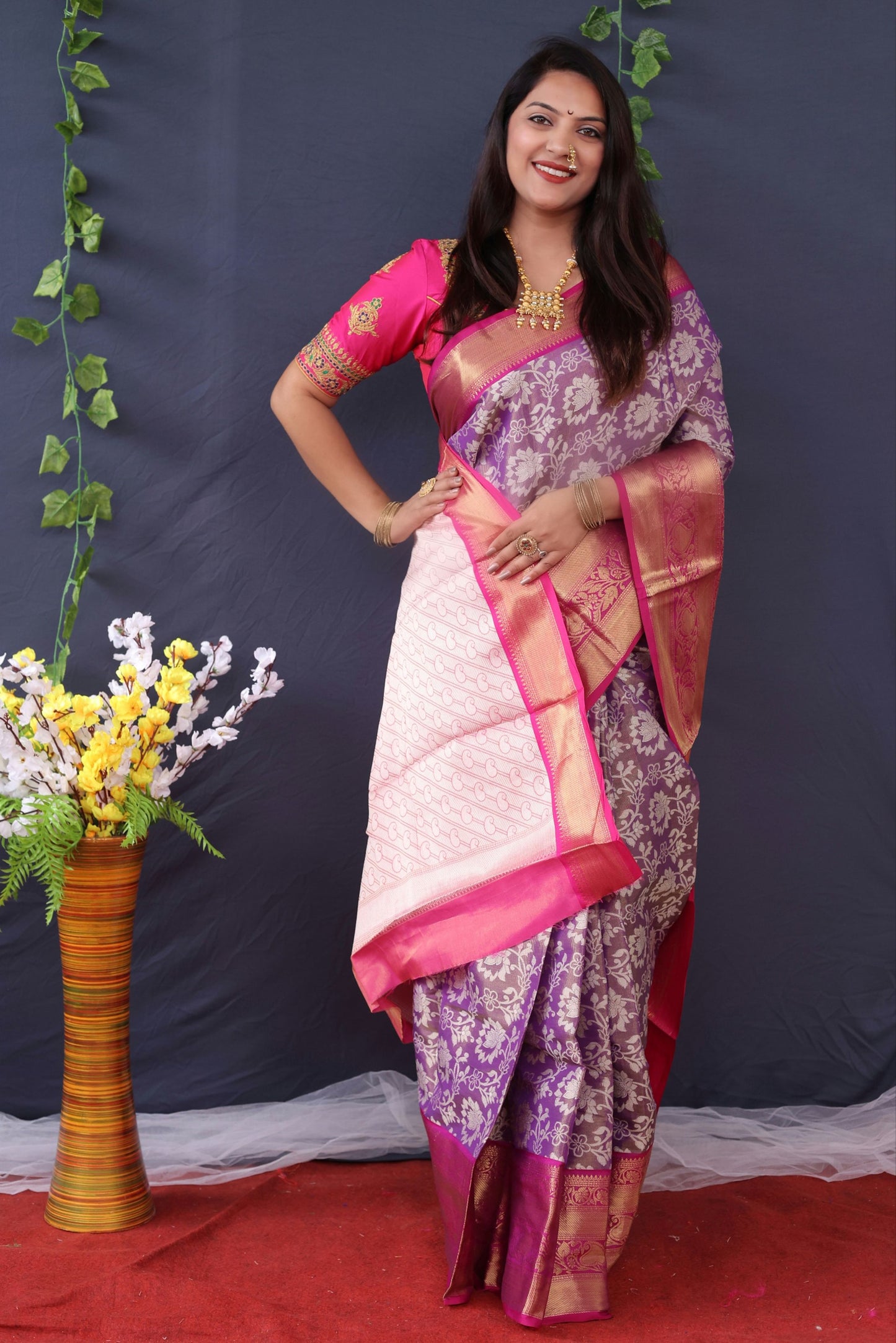 Purple Color Tissue Kanchipuram Saree Gorgeous Flower Design Body And Pallu