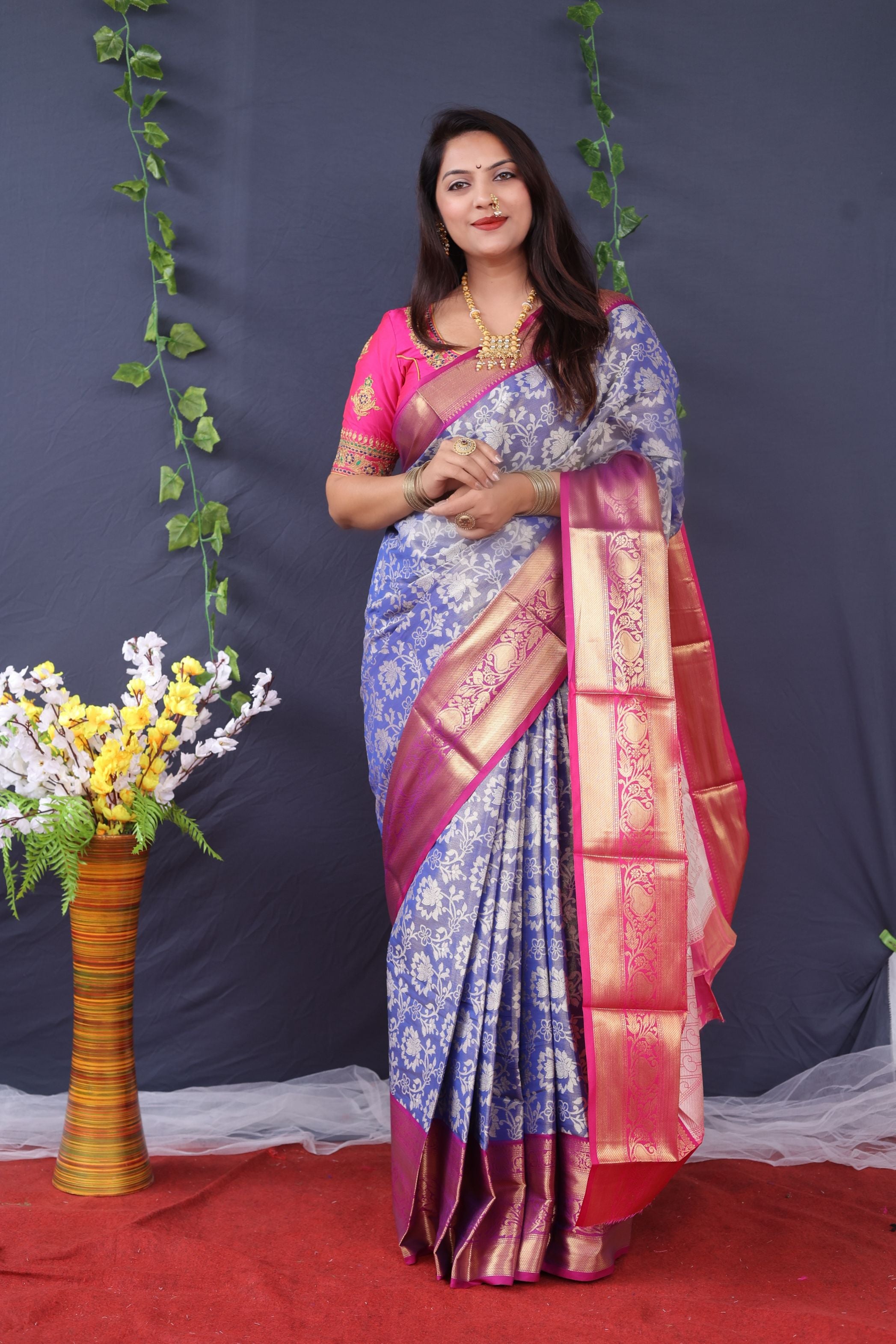 Royal Blue Color Tissue Kanchipuram Saree Gorgeous Flower Design Body and Pallu