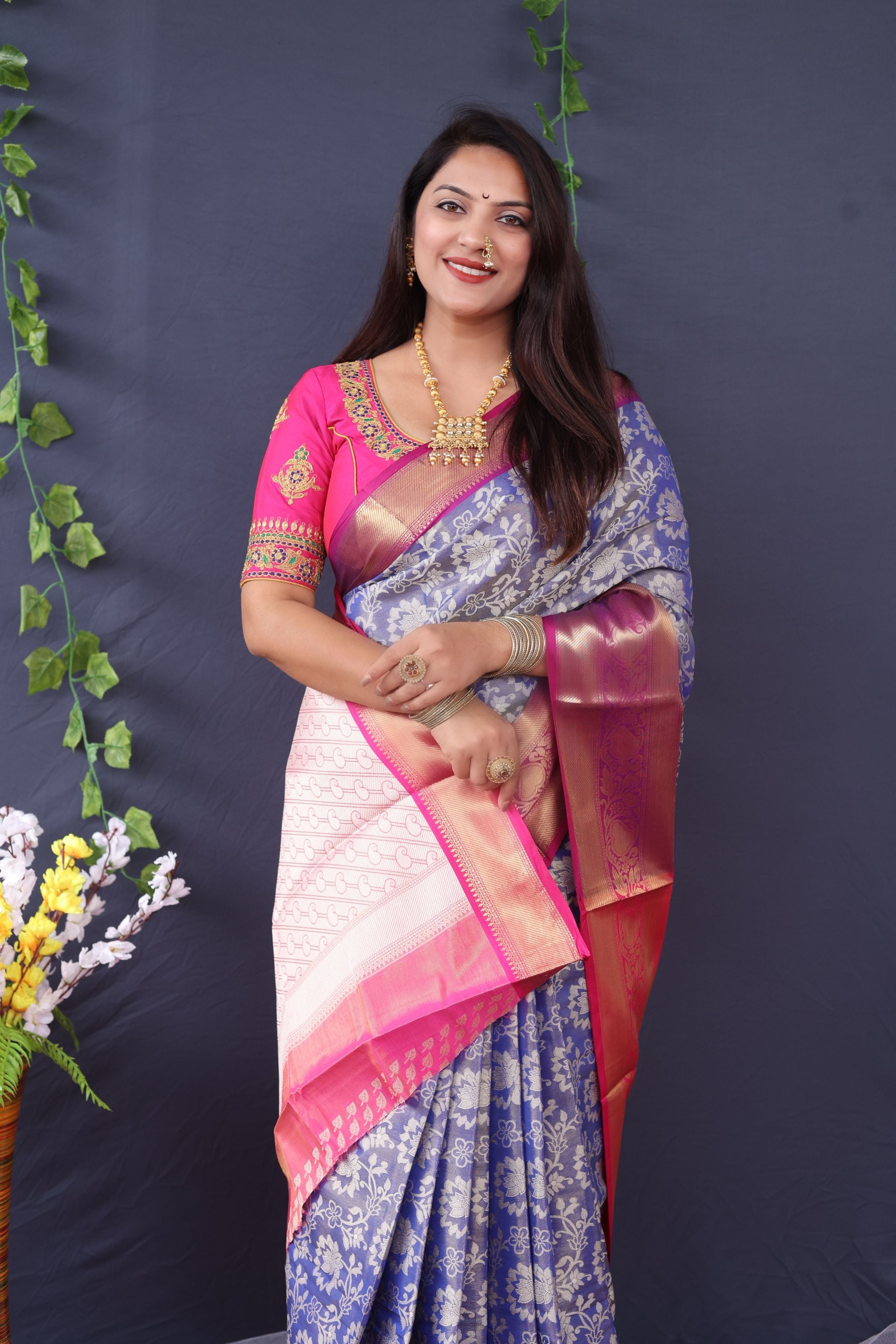 Royal Blue Color Tissue Kanchipuram Saree Gorgeous Flower Design Body and Pallu
