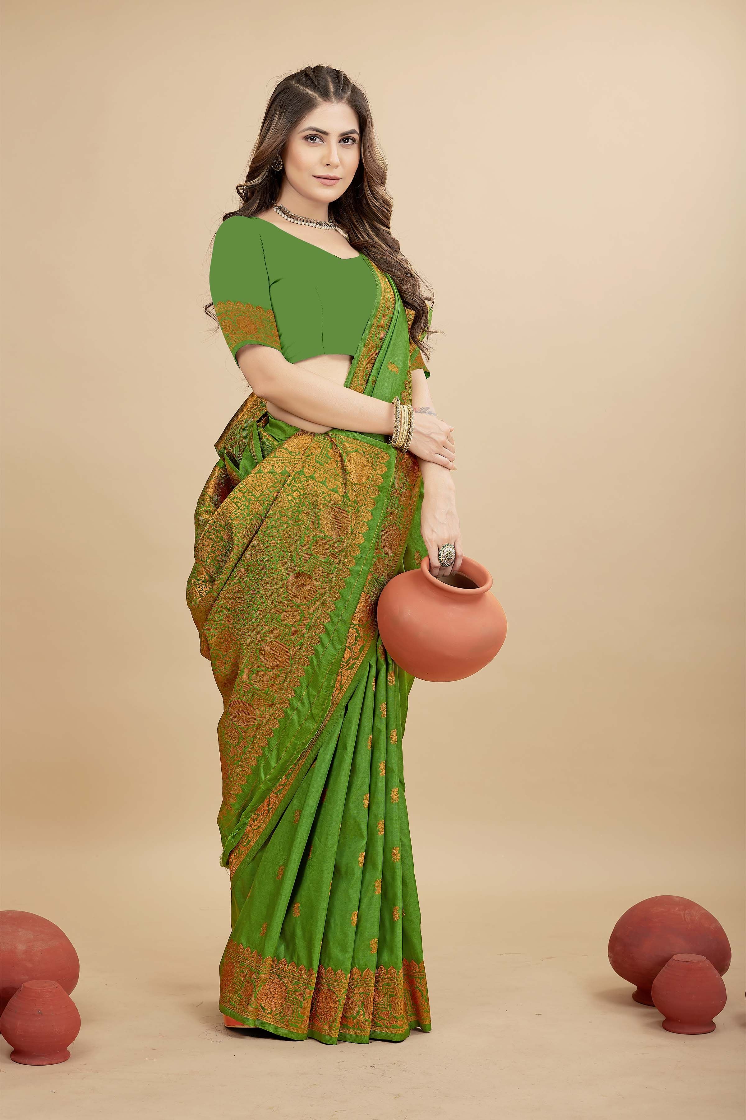 Pista Green Color Toned Handloom Banarasi Soft Silk Saree - Party Wear Collection
