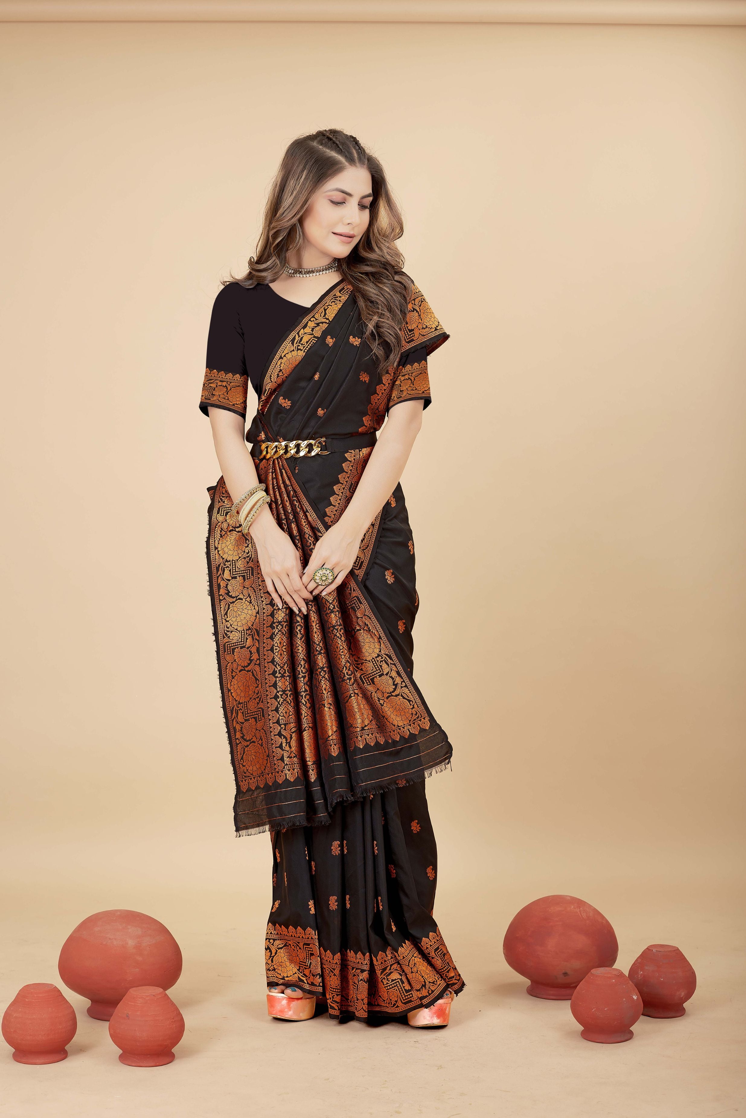 Black Color Toned Handloom Banarasi Soft Silk Saree - Party Wear Collection