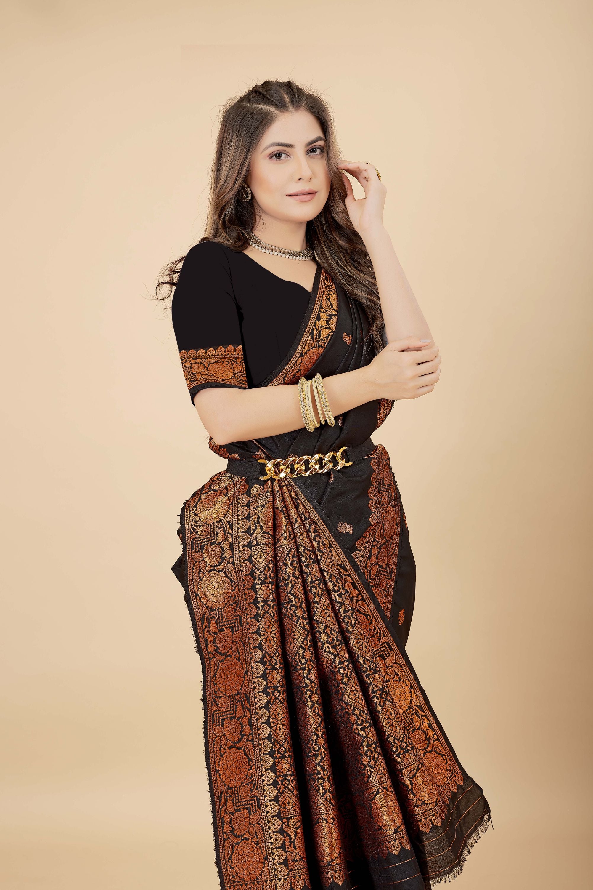Black Color Toned Handloom Banarasi Soft Silk Saree - Party Wear Collection