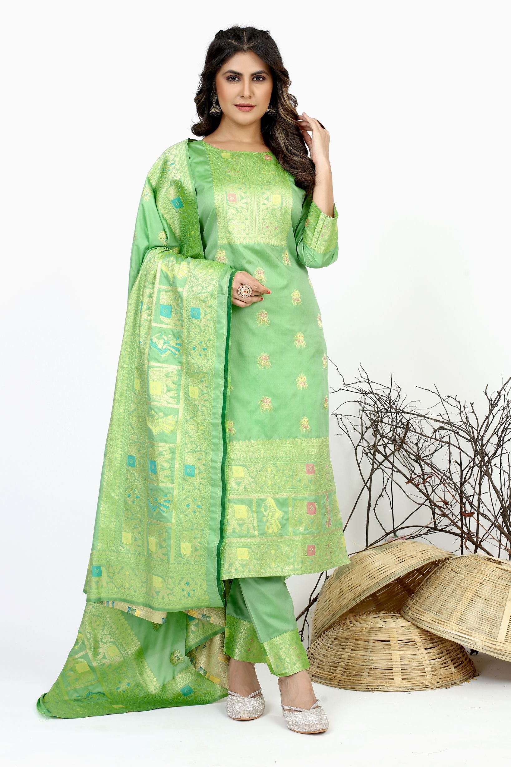 Pista Green Color Silk Unstich suit dress material in india
