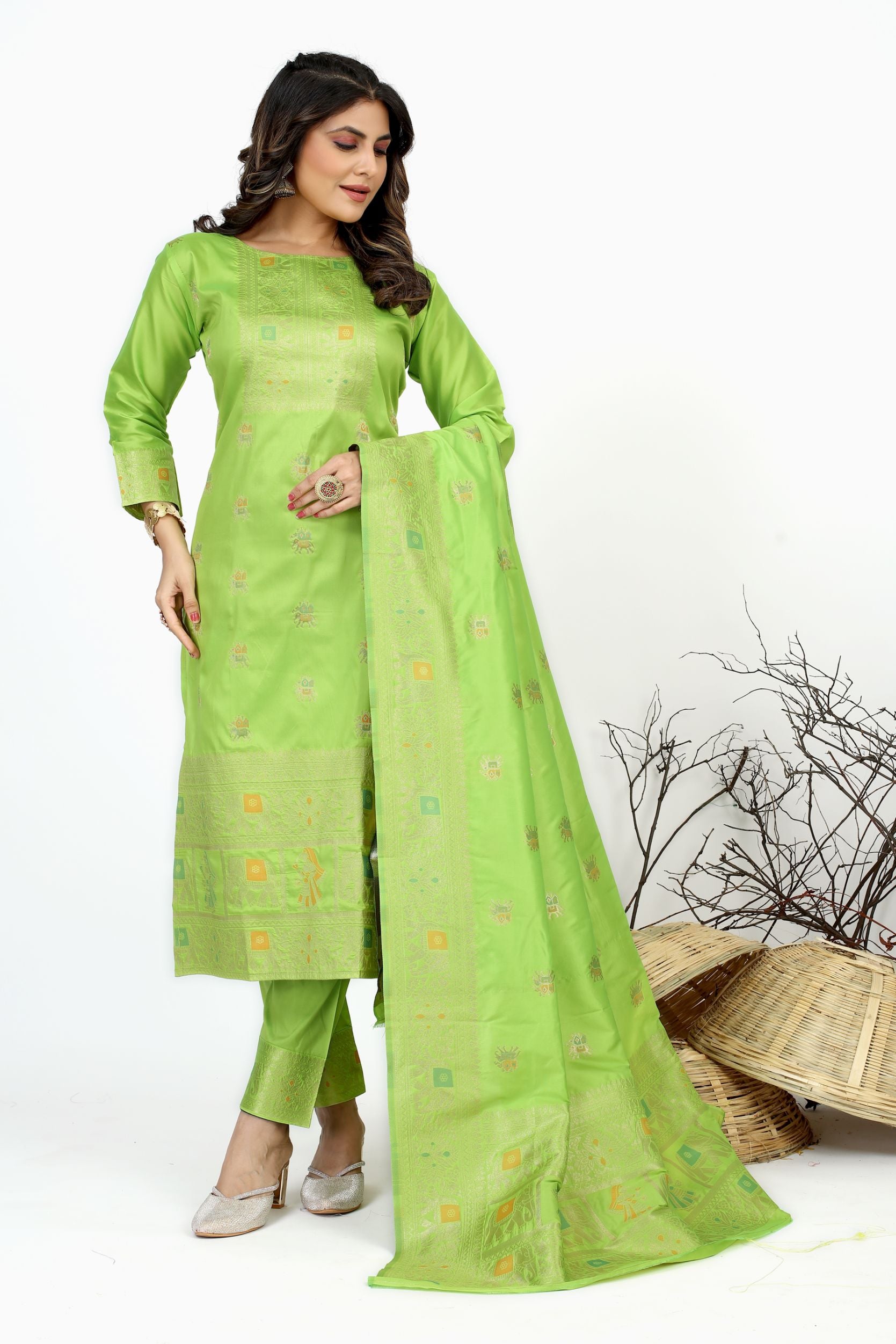 Lemon Green Color Silk Unstich suit dress material in india