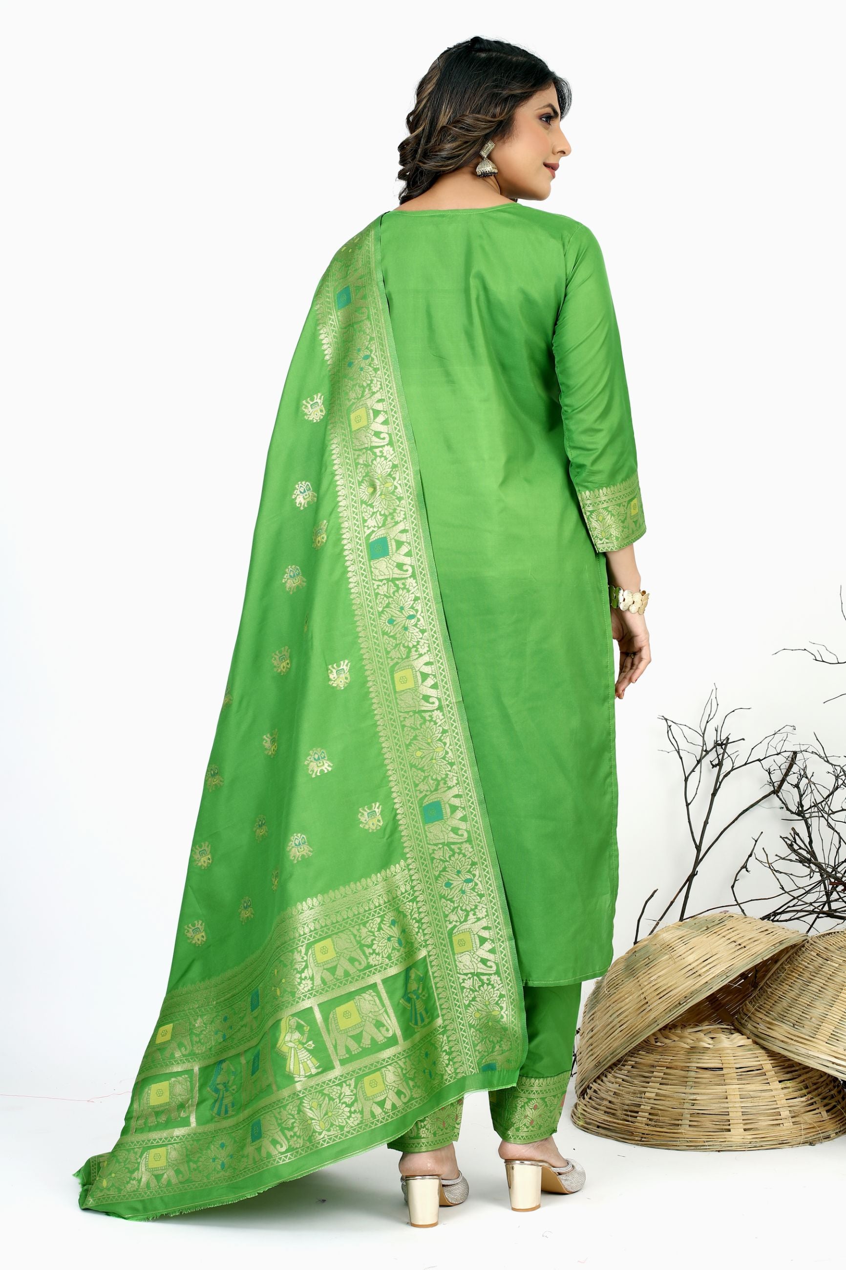 Green Color Silk Unstich suit dress material in india