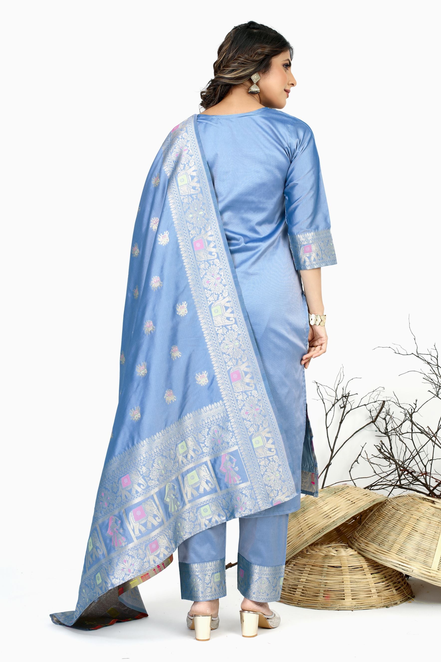 Grey Color Silk Unstich suit dress material in india