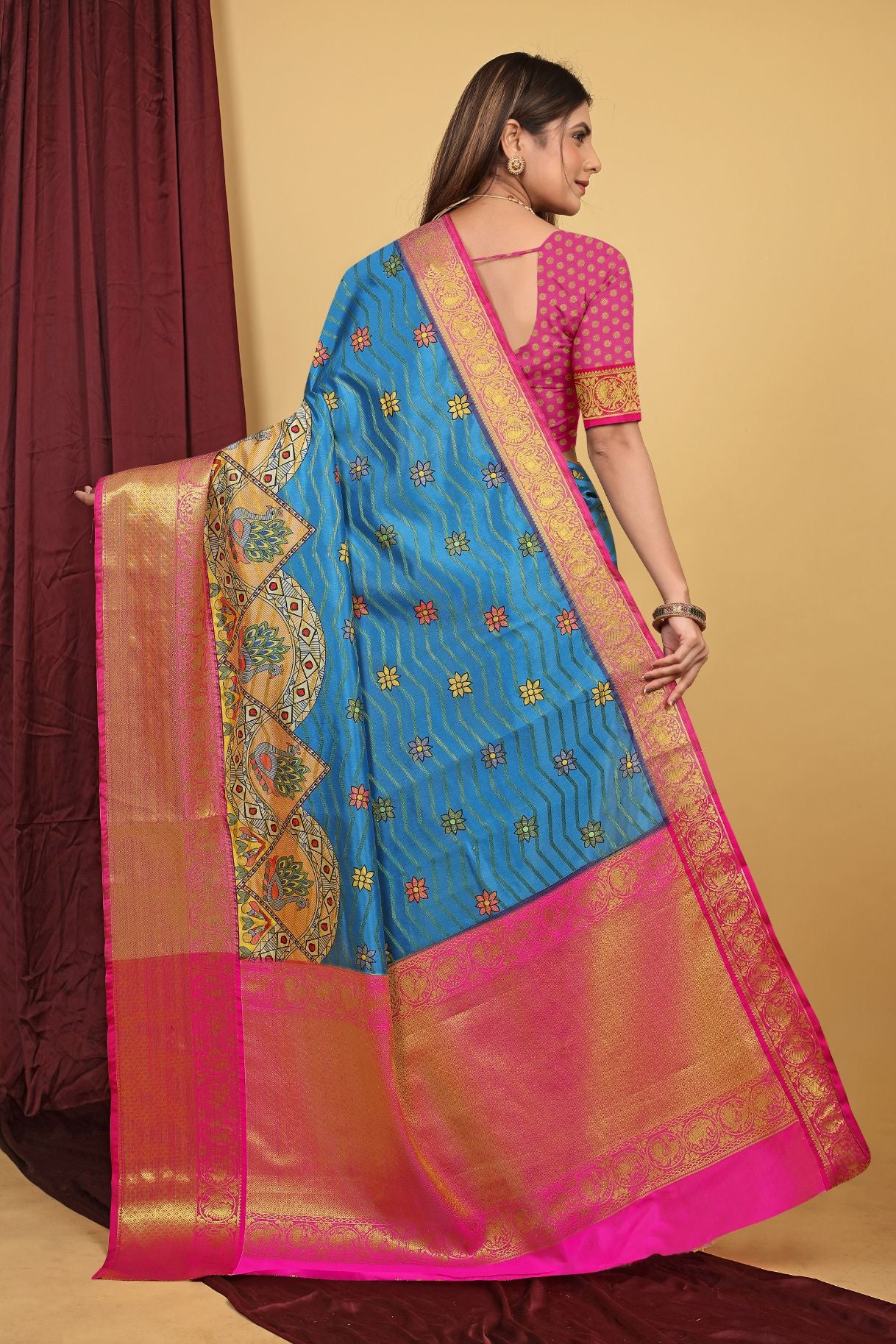 Royal Blue Color Kalamkari Pattu Silk Saree Beautiful Design Work Body and Pallu