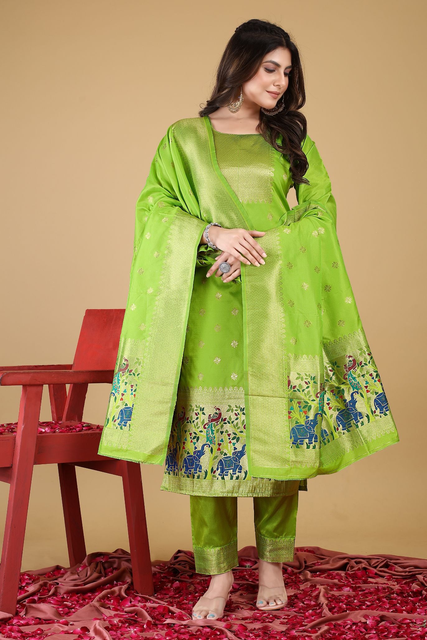 Lemon Green Color Daily wear Unstich suit dress material in Paithani Style
