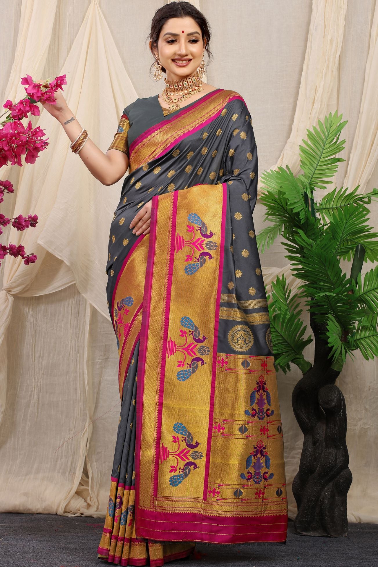 grey zari Color Designer Paithani silk saree-for wedding collection