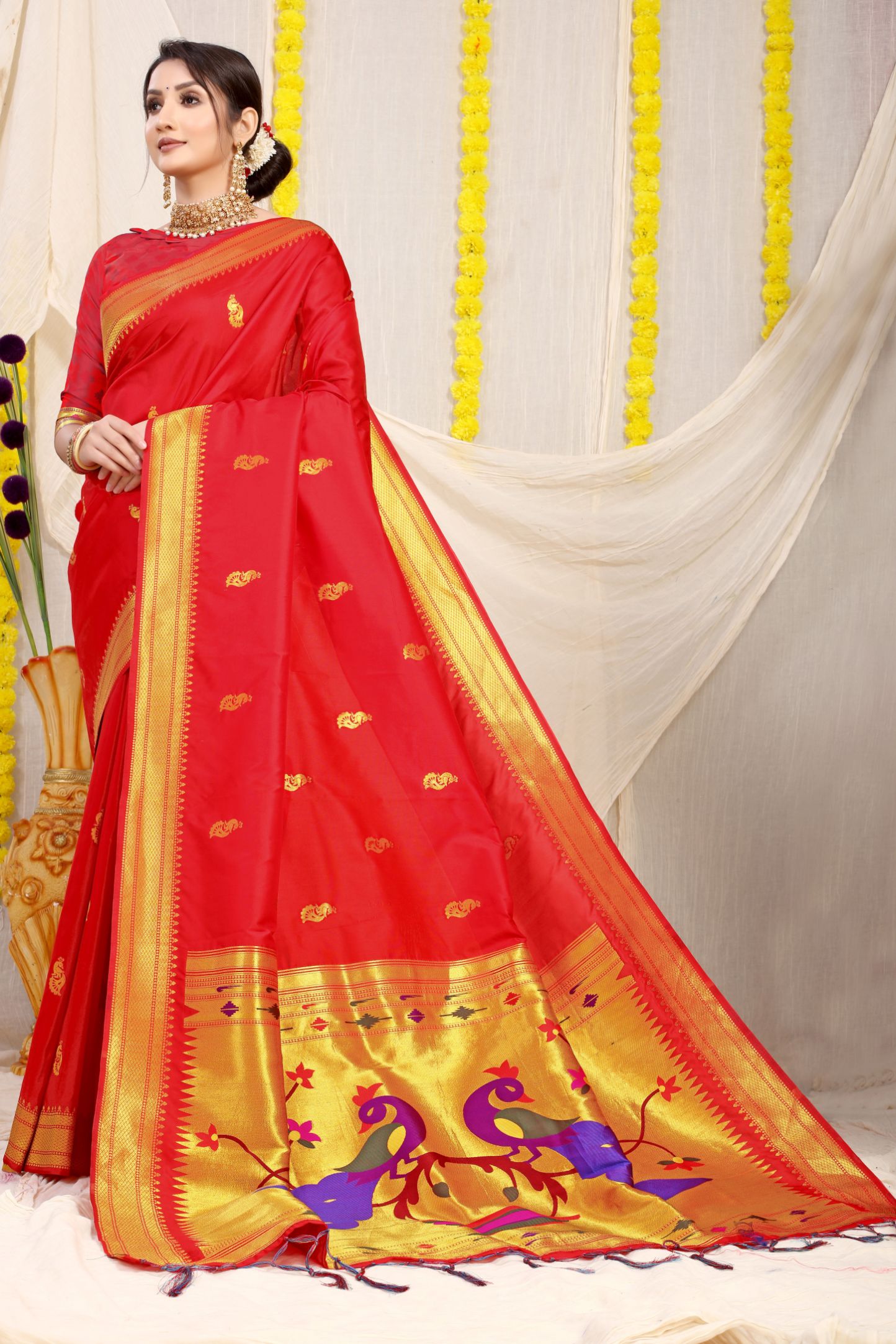 Red & Gold toned Soft Silk Paithani Saree