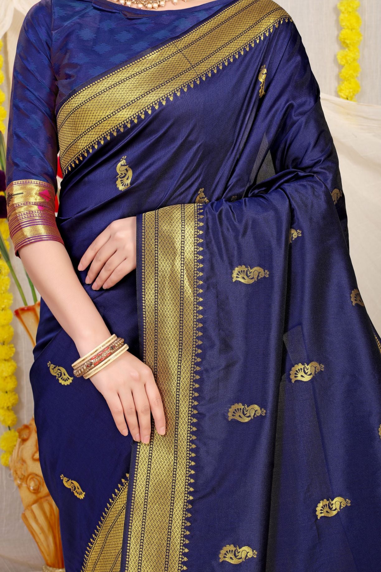 navy blue & Gold toned Soft Silk Paithani Saree