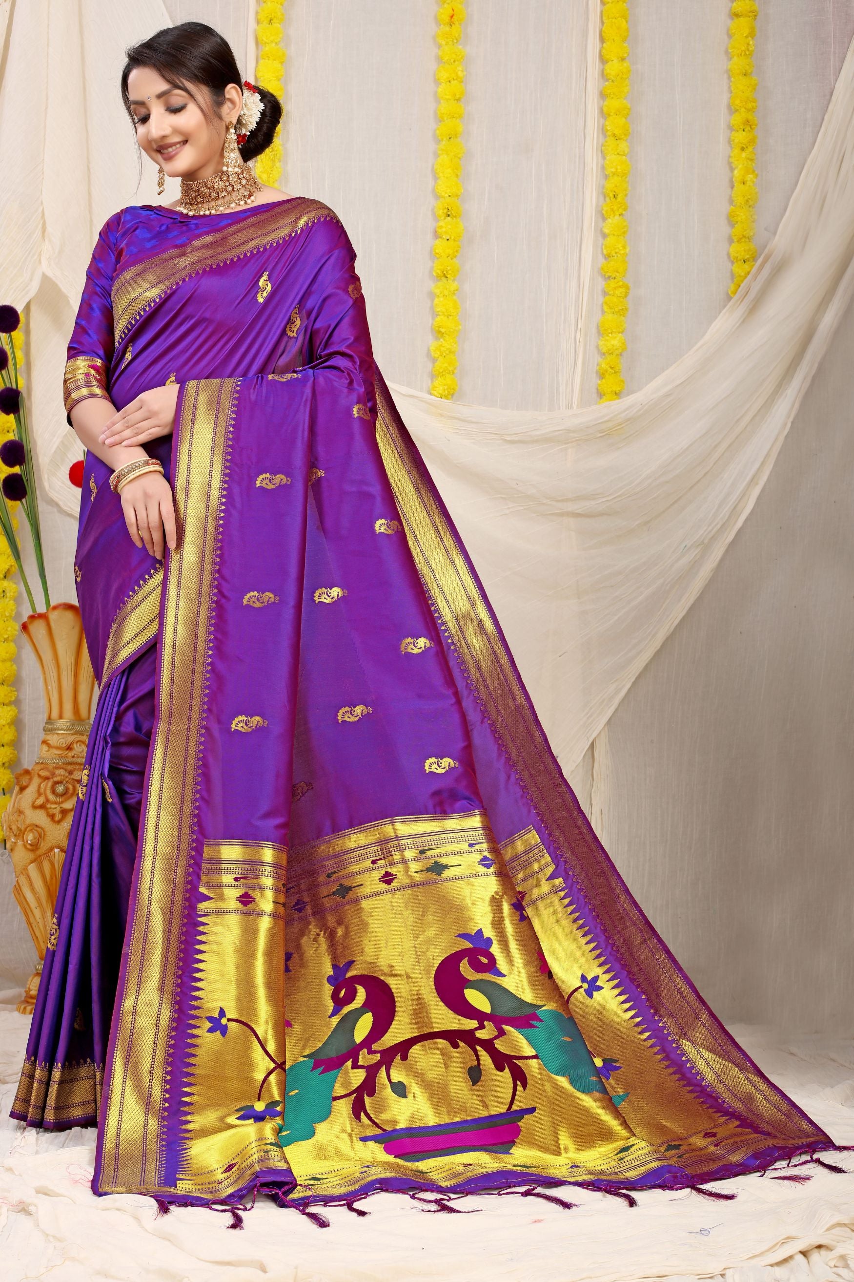 Purple And Gold Toned Soft Silk Paithani Saree And Heavy Look Pallu