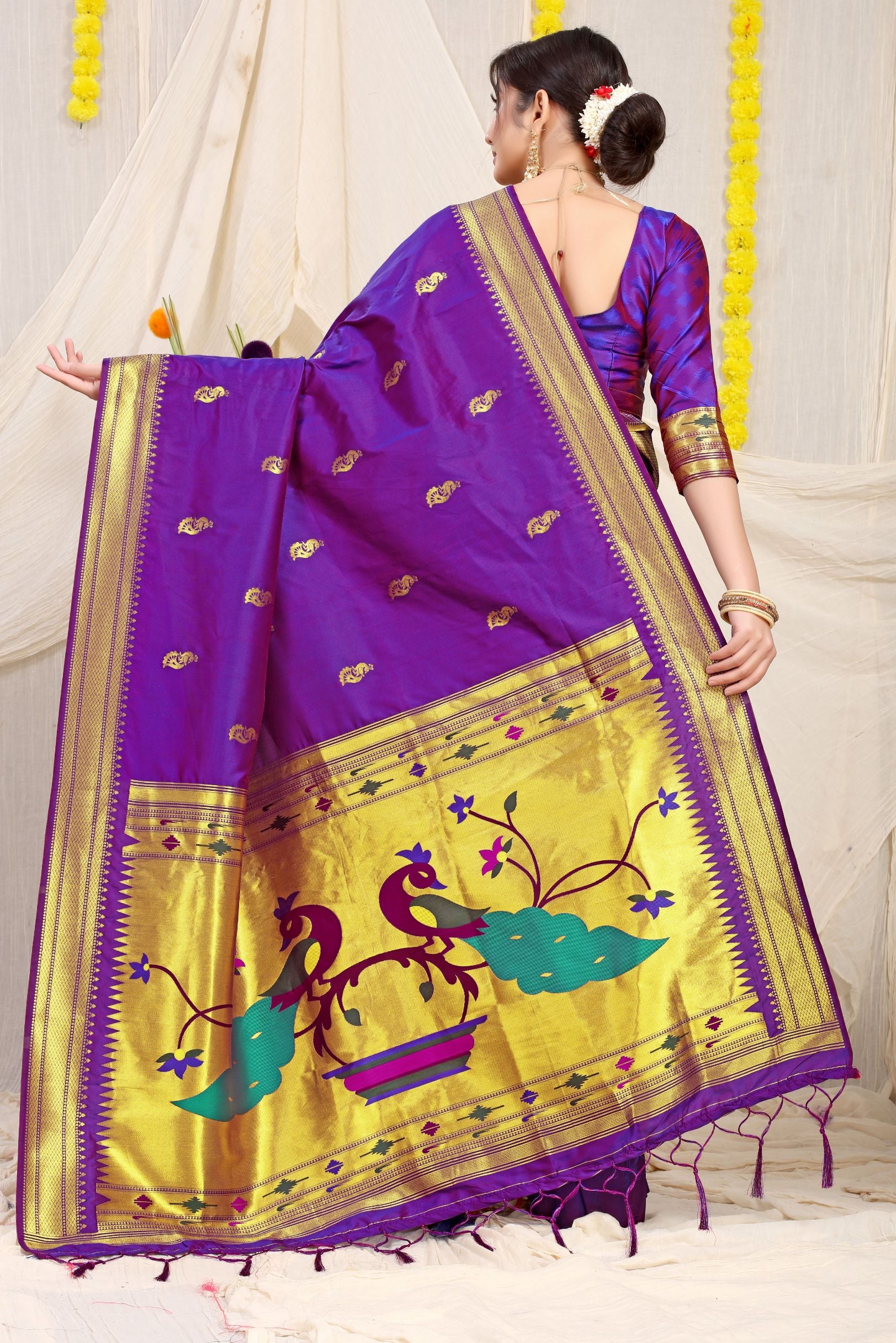 Purple And Gold Toned Soft Silk Paithani Saree And Heavy Look Pallu