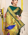 green And Gold Toned Soft Silk Paithani Saree And Heavy Look Pallu