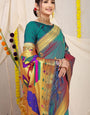 steel rama And Gold Toned Soft Silk Paithani Saree And Heavy Look Pallu