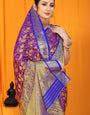 Purpal color kanchipuram south silk saree and gold zari weaving with contrast bodar and contrast blouse