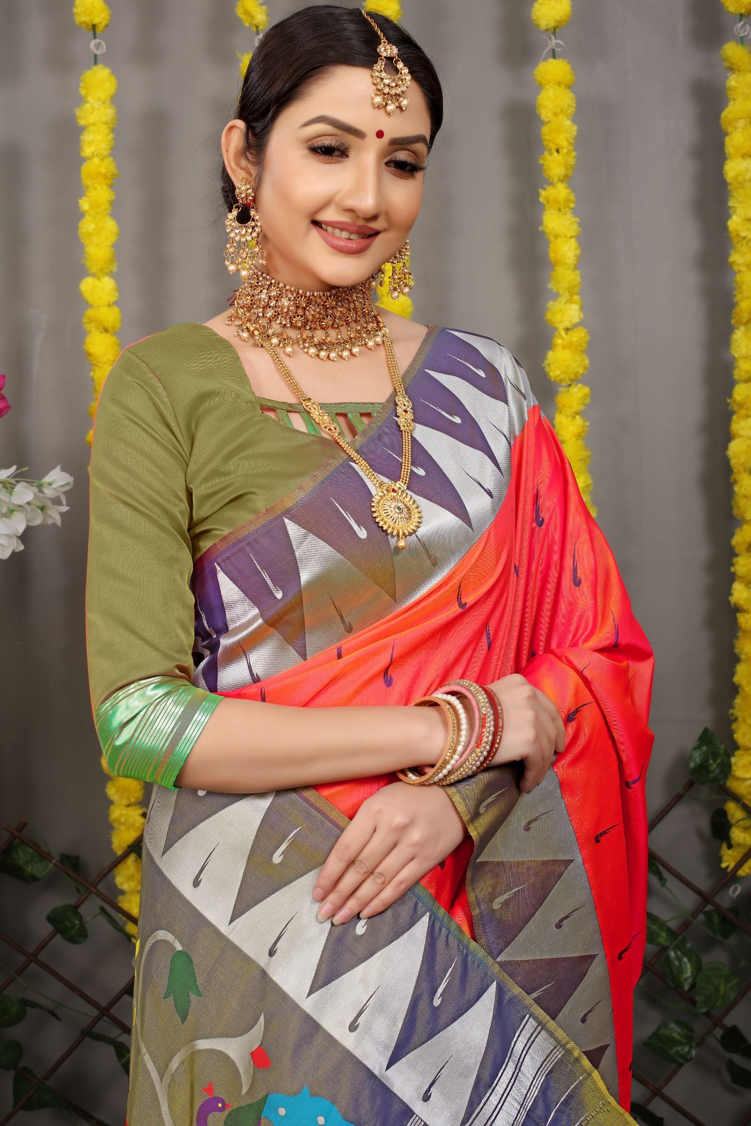 orenge Color muniya boder beautiful paithani saree for woman