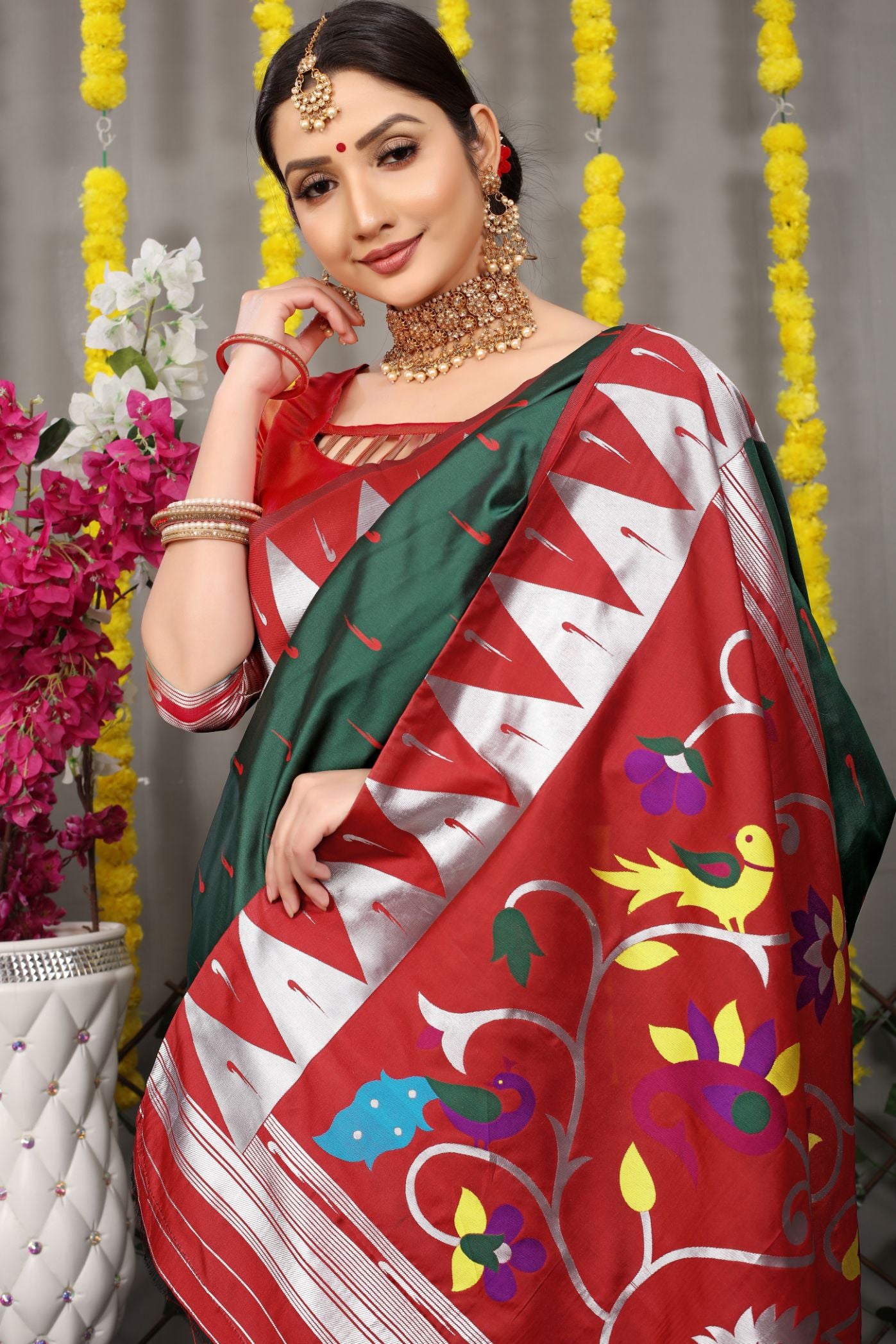 green Color muniya boder beautiful paithani saree for woman