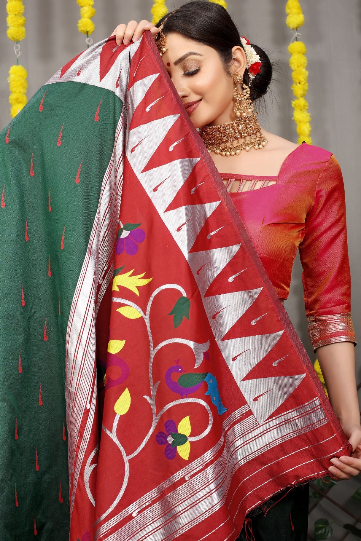 green Color muniya boder beautiful paithani saree for woman