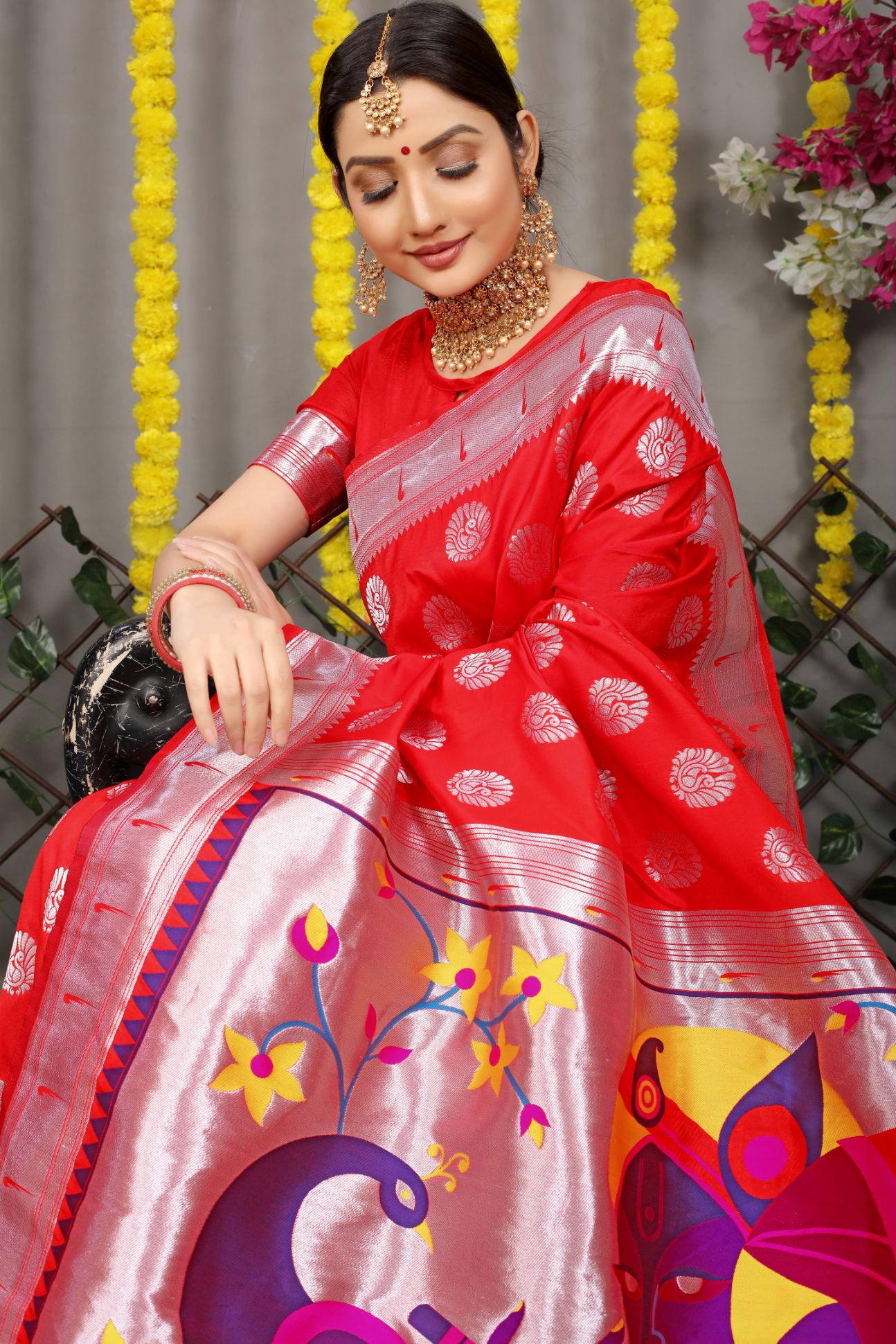 Red Toned Ethnic Motifs Zari Silk Blend Paithani Saree