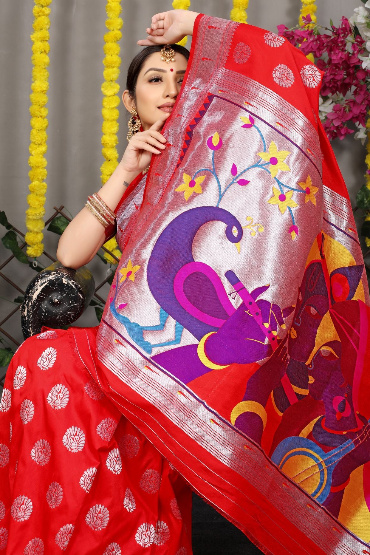 Red Toned Ethnic Motifs Zari Silk Blend Paithani Saree