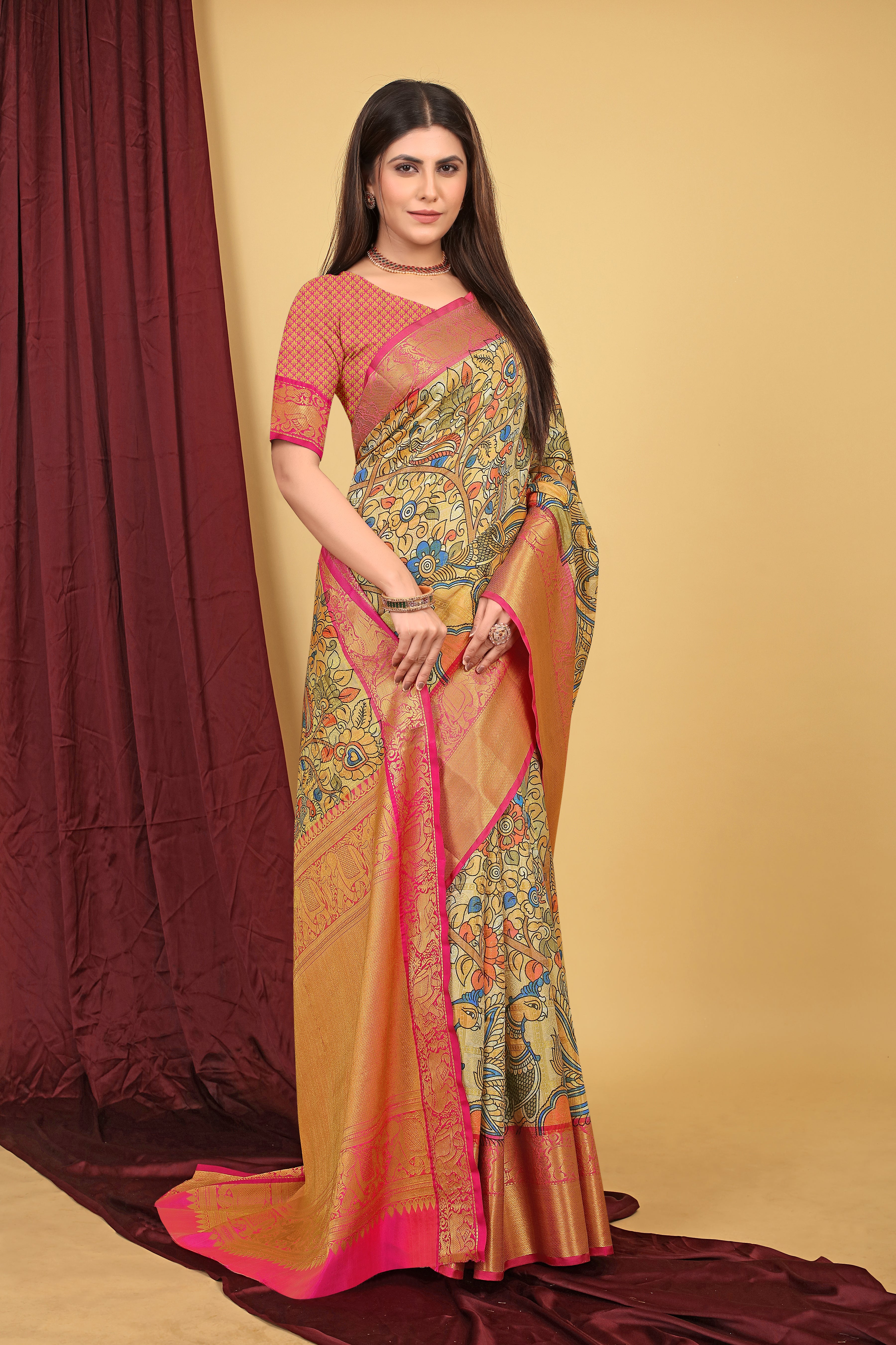 Cheeku Color Kalamkari Pattu Silk Saree Beautiful Design Work Body and Pallu