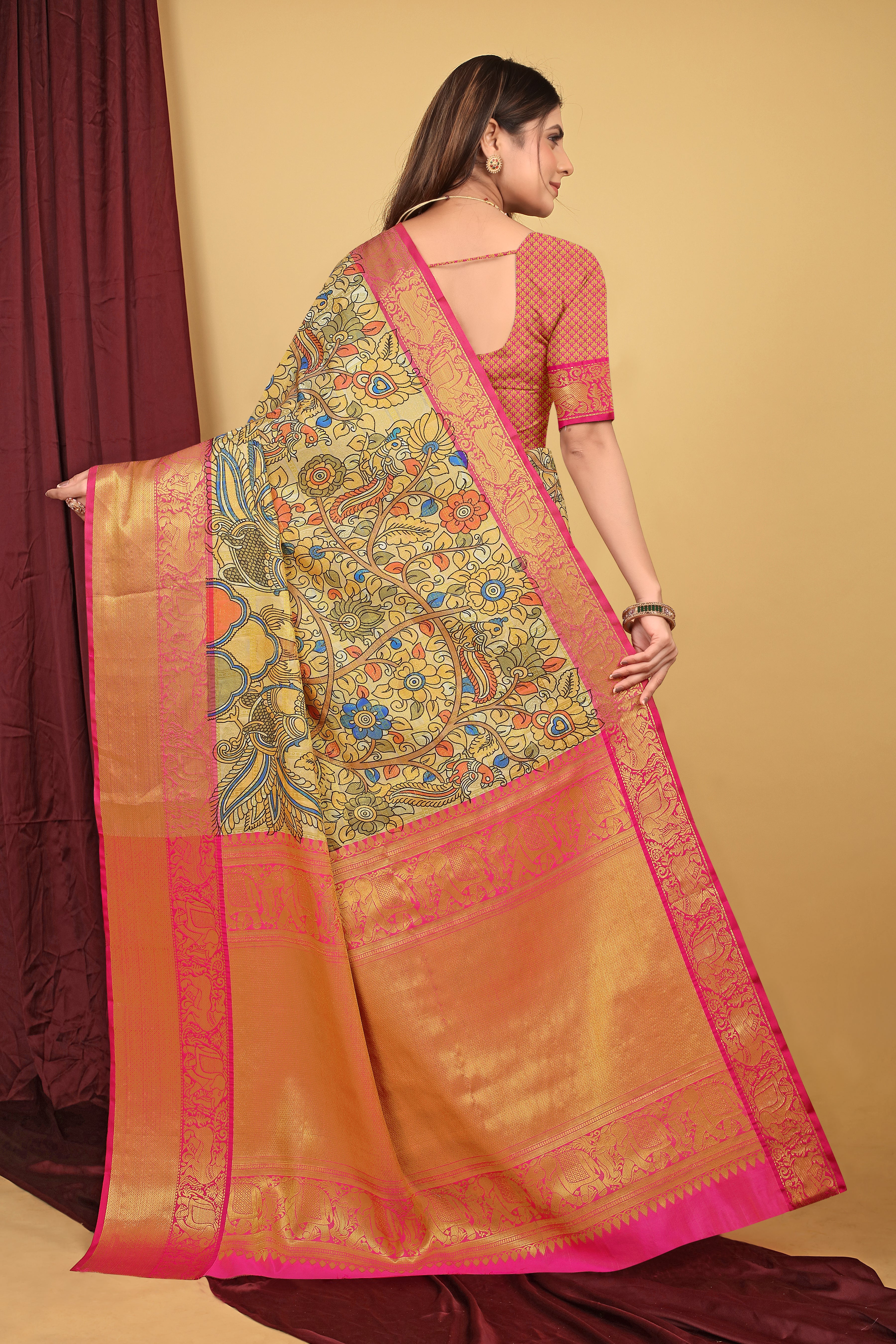 Cheeku Color Kalamkari Pattu Silk Saree Beautiful Design Work Body and Pallu