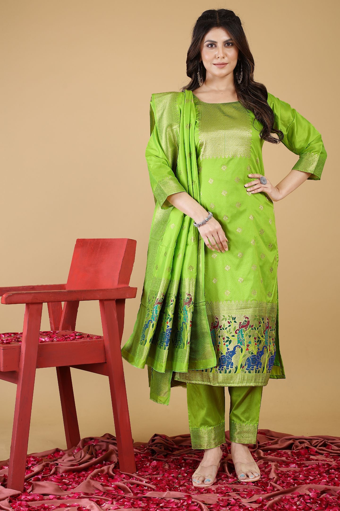 Lemon Green Color Daily wear Unstich suit dress material in Paithani Style
