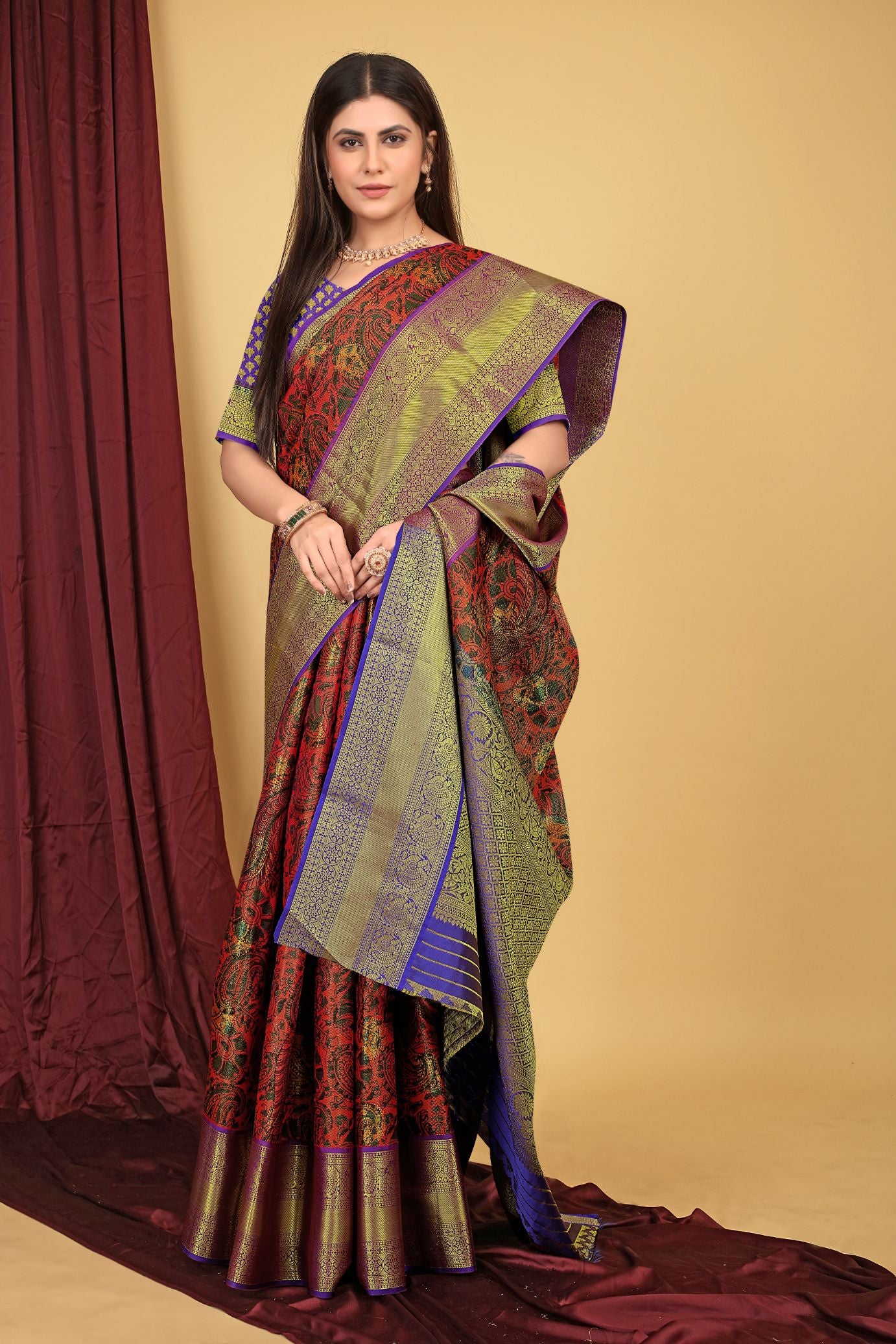 Red Color Kalamkari Pattu Silk Saree Beautiful Design Work Body and Pallu