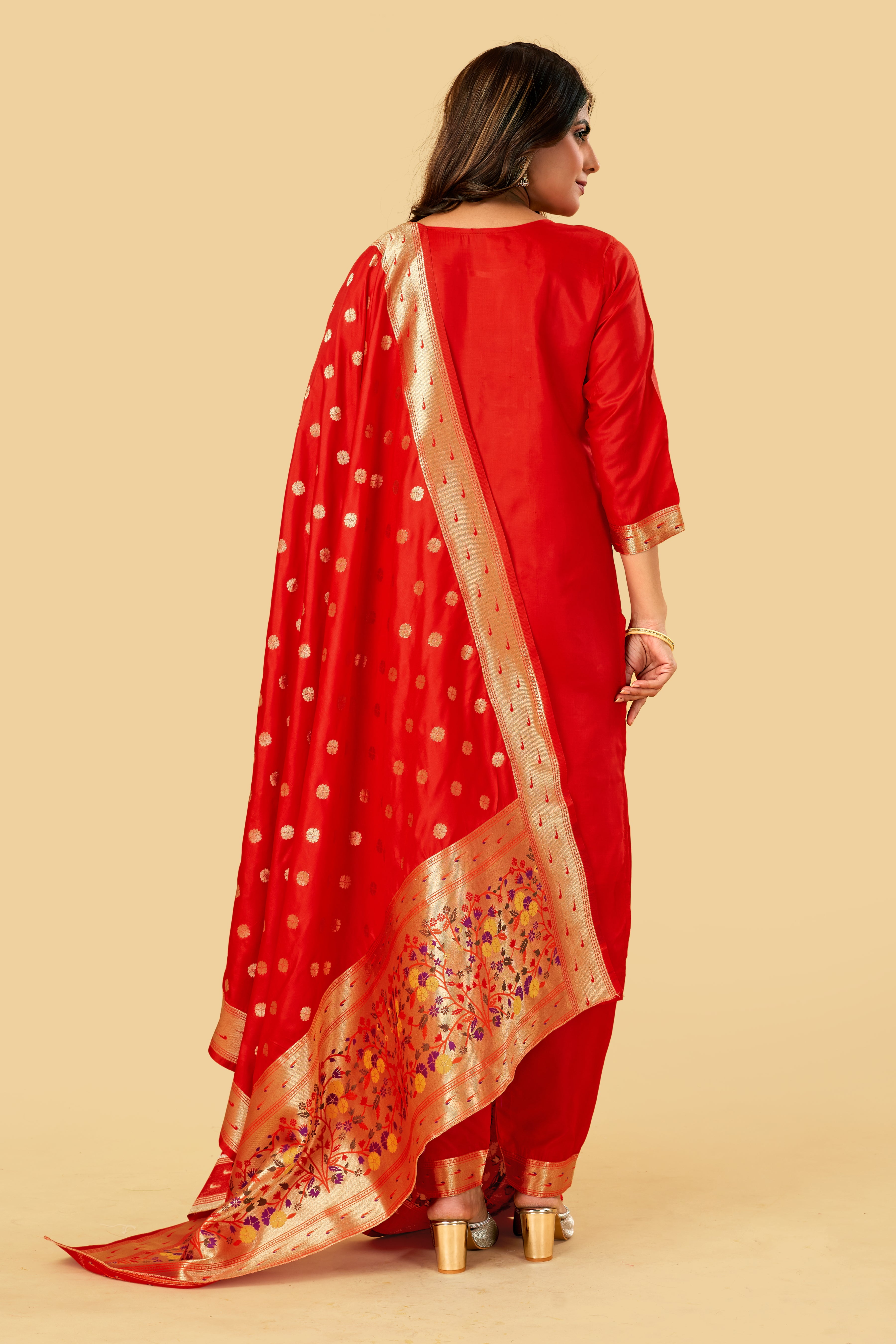 Red Color Silk suits dress material suits in Paithani Style