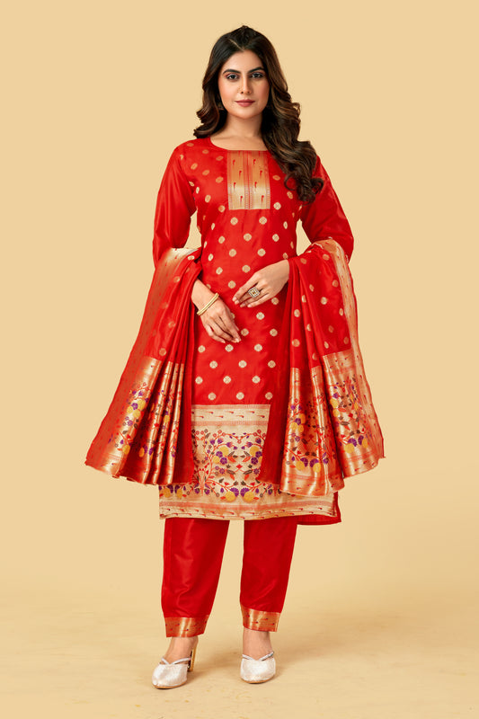 Paithani Silk With Zari Weaving Salwar Suit ( Unstitched ) Red