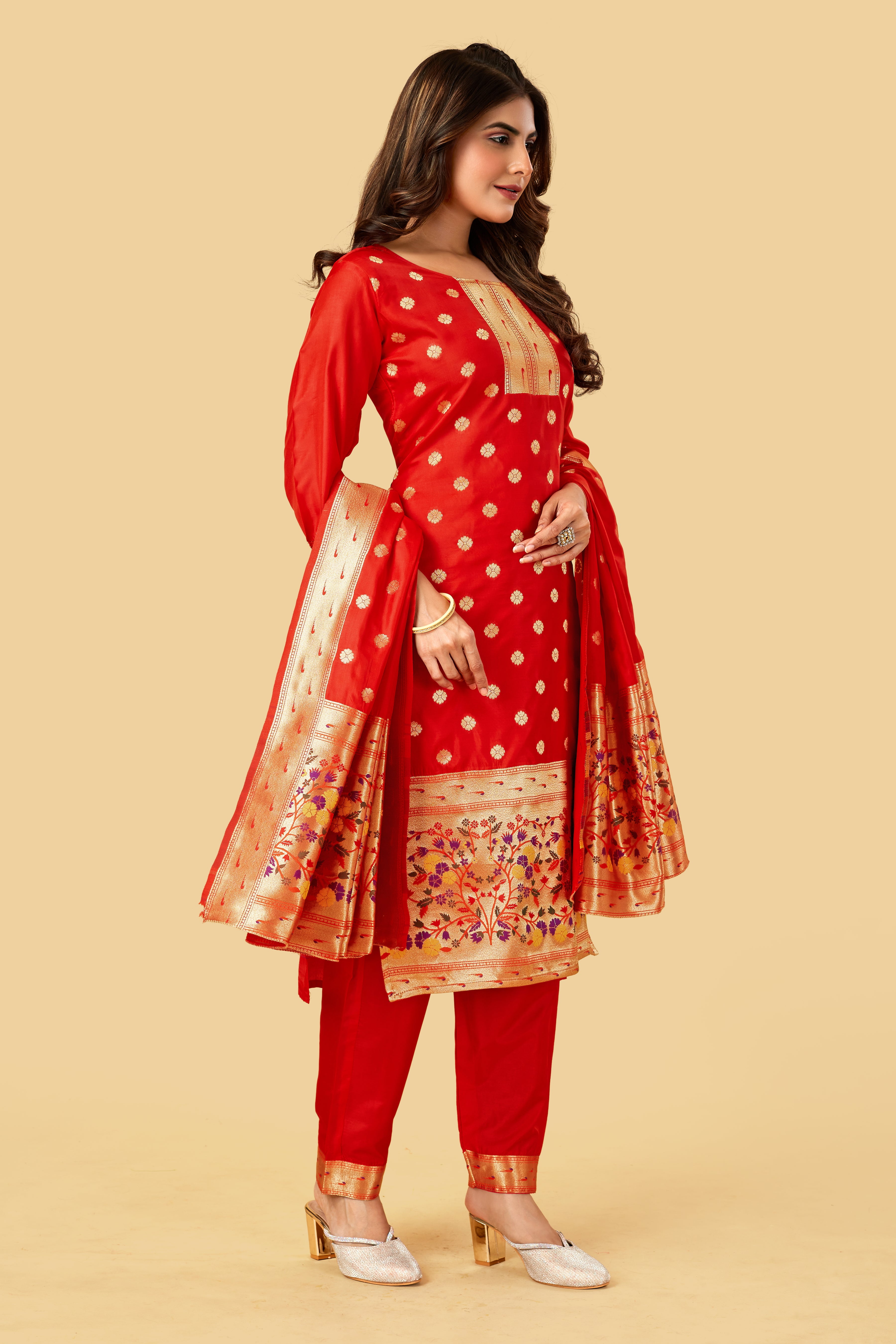 Red Color Silk suits dress material suits in Paithani Style