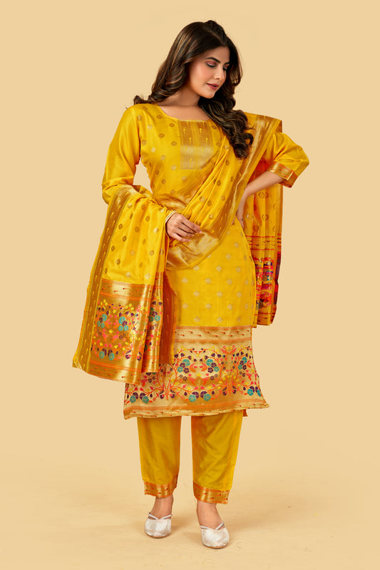 Paithani Silk With Zari Weaving Salwar Suit ( Unstitched ) Yellow