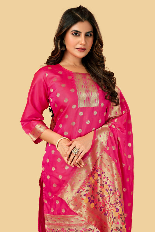 Paithani Silk With Zari Weaving Salwar Suit ( Unstitched ) Pink