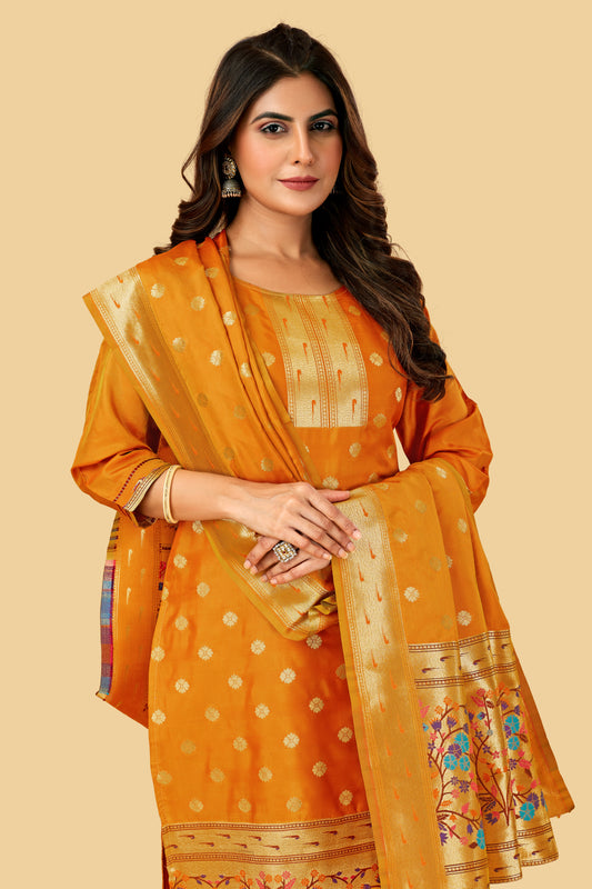 Paithani Silk With Zari Weaving Salwar Suit ( Unstitched ) Orange