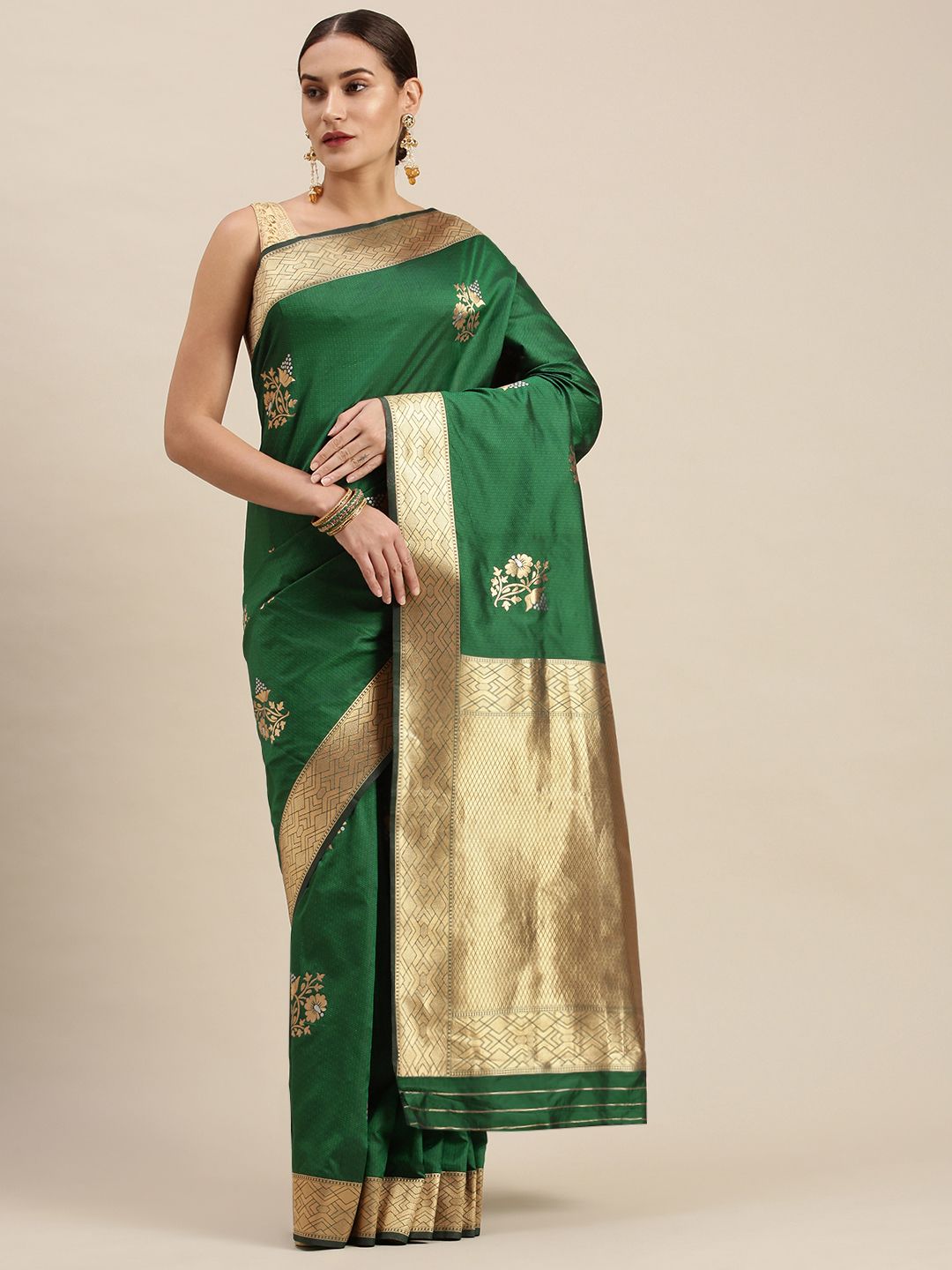 Green Fancy Party Were Zari Weaving Saree From Banaras