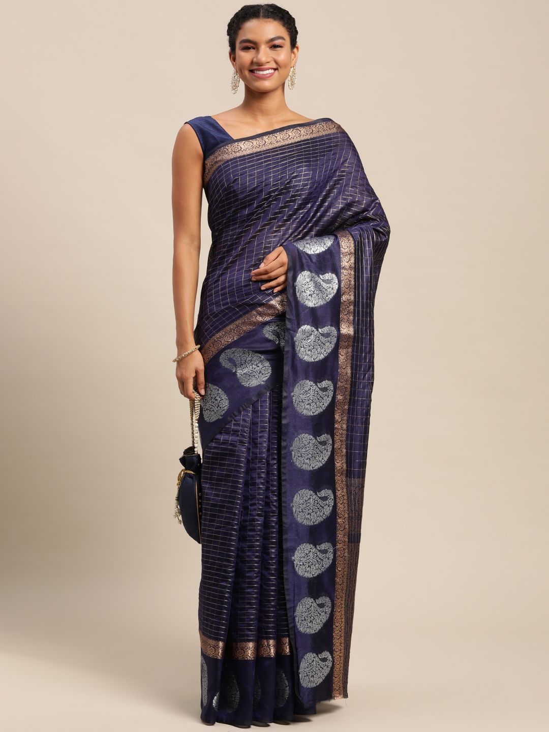 Navy blue color  linen silk saree gold and silver zari weaving work with rich pallu