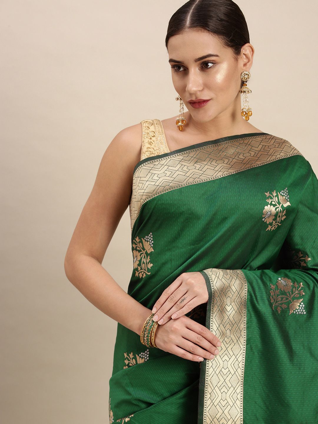 Green Fancy Party Were Zari Weaving Saree From Banaras