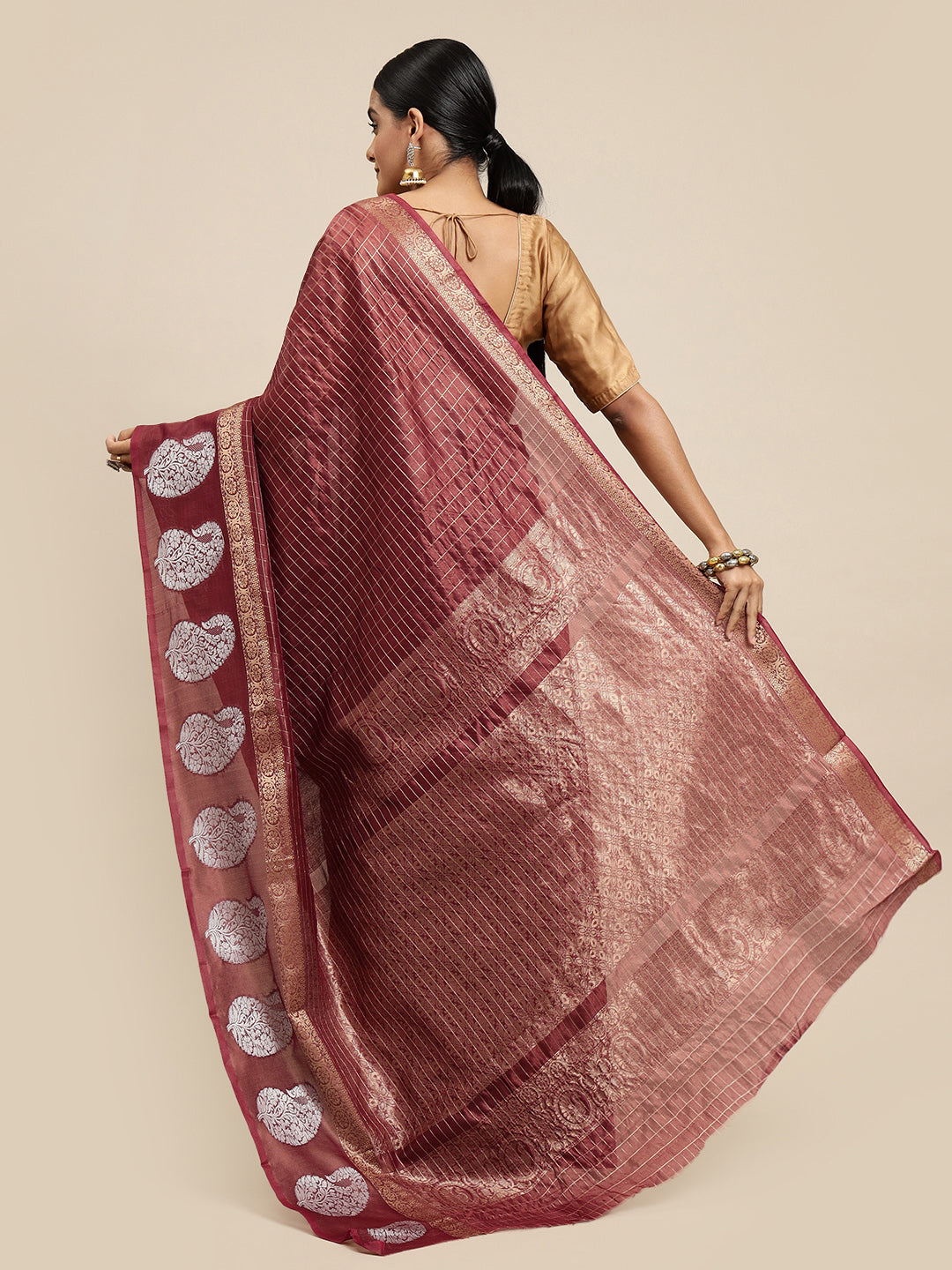 Maroon color linen silk saree gold and silver zari weaving work with rich pallu