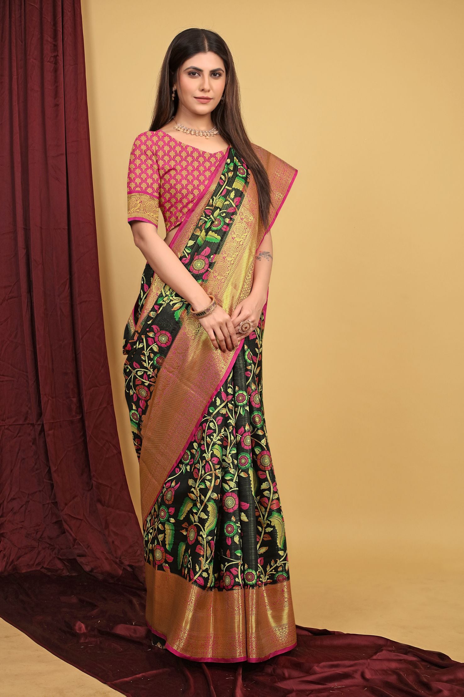 Black Color Kalamkari Pattu Silk Saree Beautiful Design Work Body and Pallu