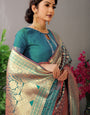 steel rama banarasi silk saree with golden zari weaving work