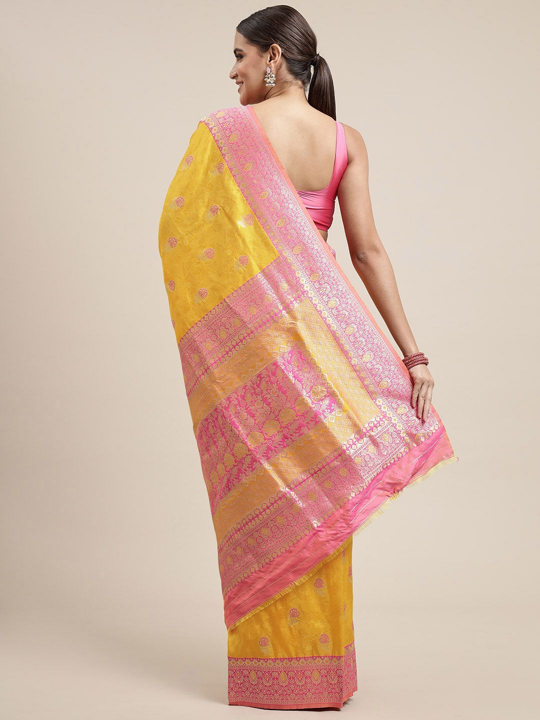 Yellow Color Heavy Banarasi silk Emboss Saree Gorgeous all over Body Design