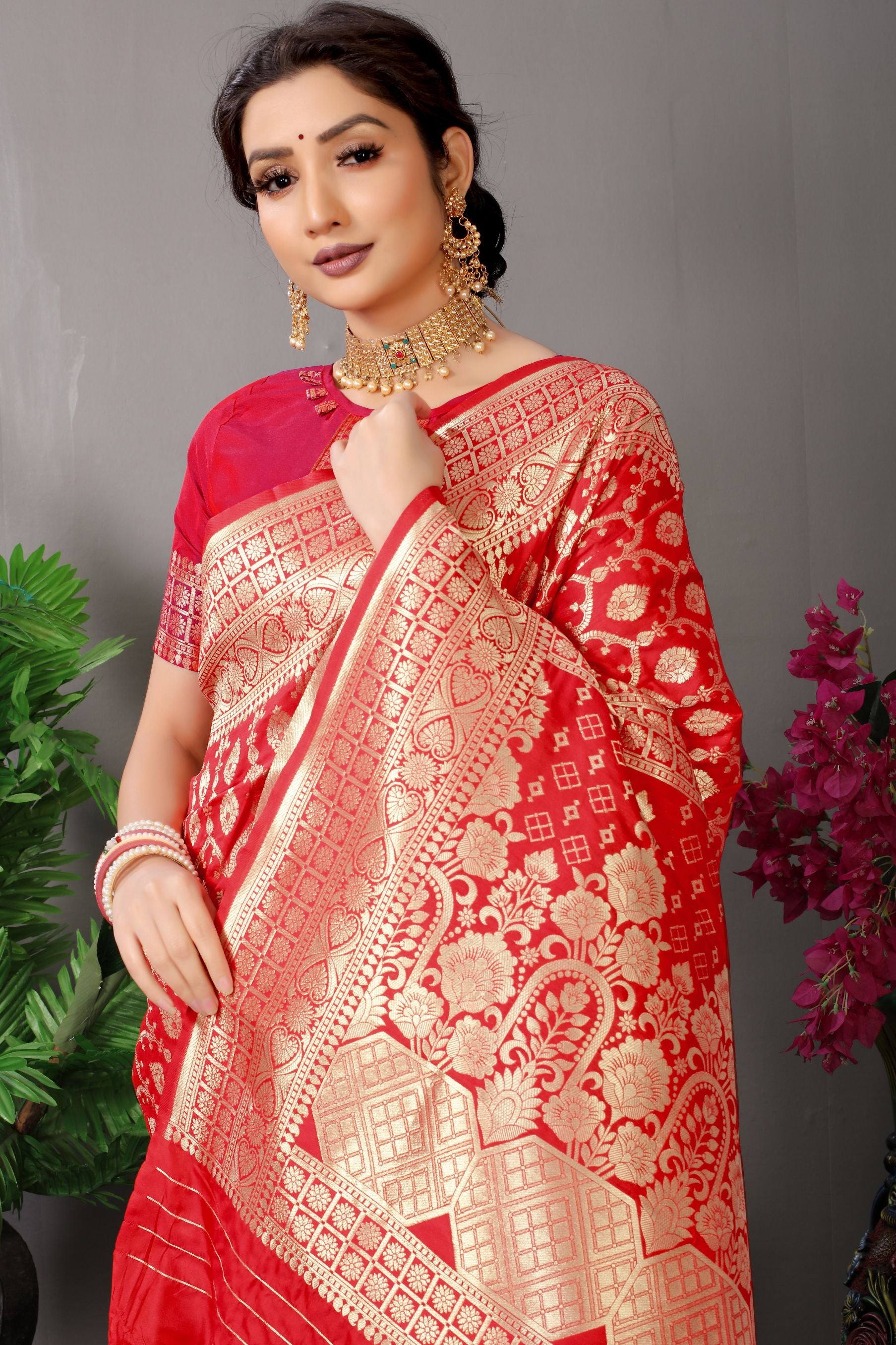 red banarasi silk saree with golden zari weaving work
