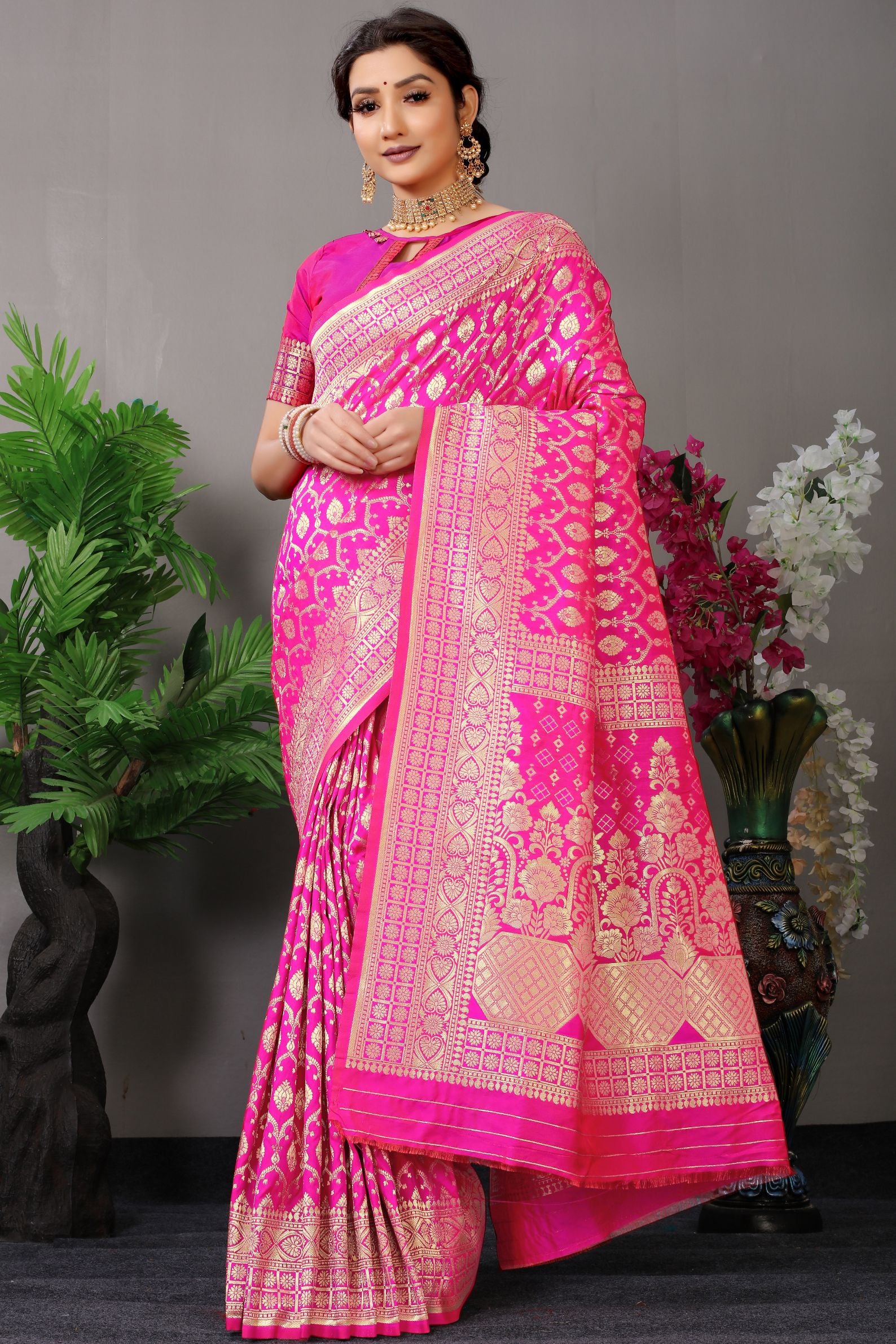 pink banarasi silk saree with golden zari weaving work
