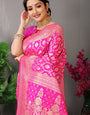 pink banarasi silk saree with golden zari weaving work