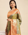 Mahendi Color Party wear banarasi silk saree with contrast Border And Pallu.