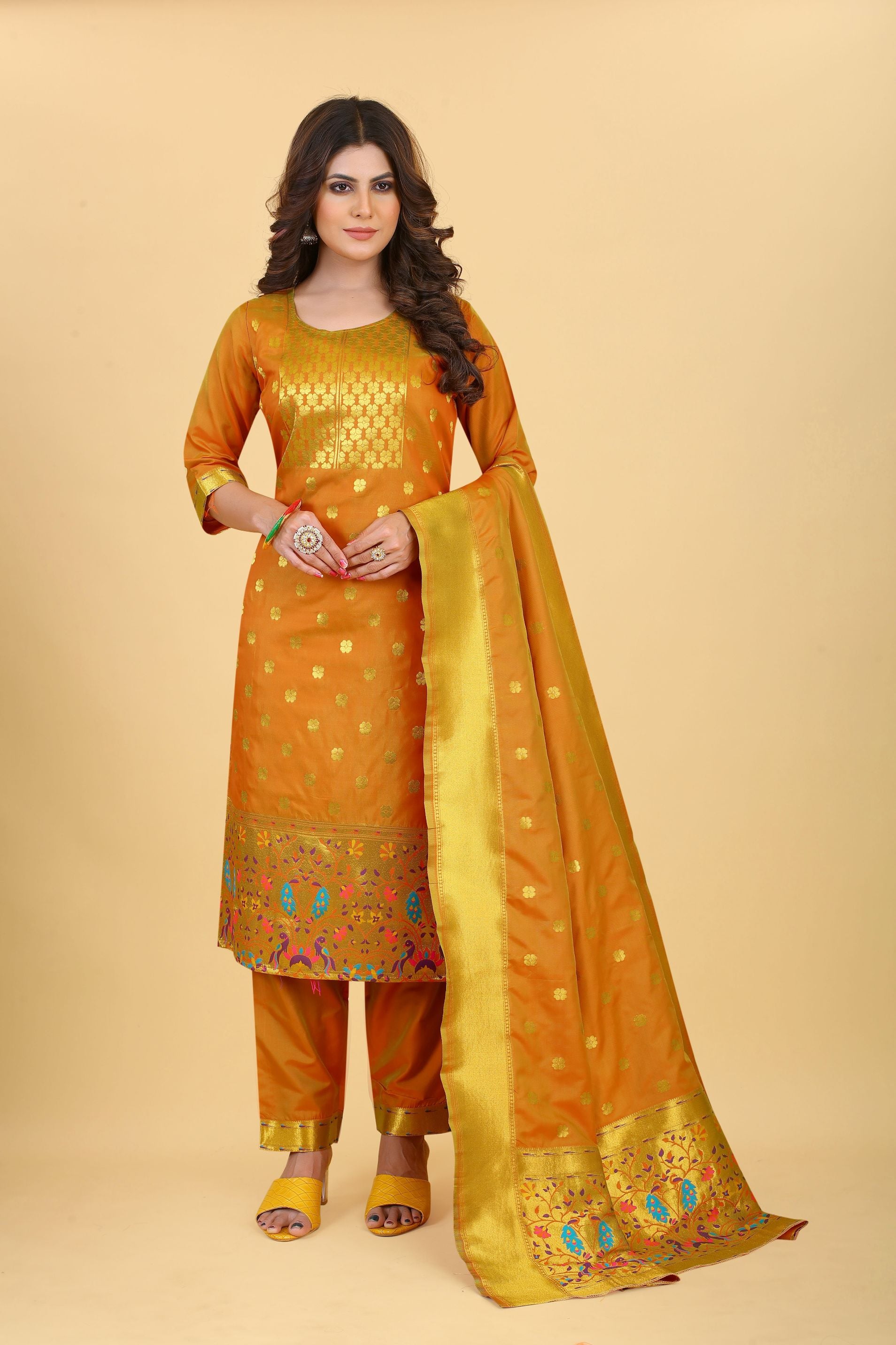 Orange Color Part Wear Dress material for suits in Paithani Style