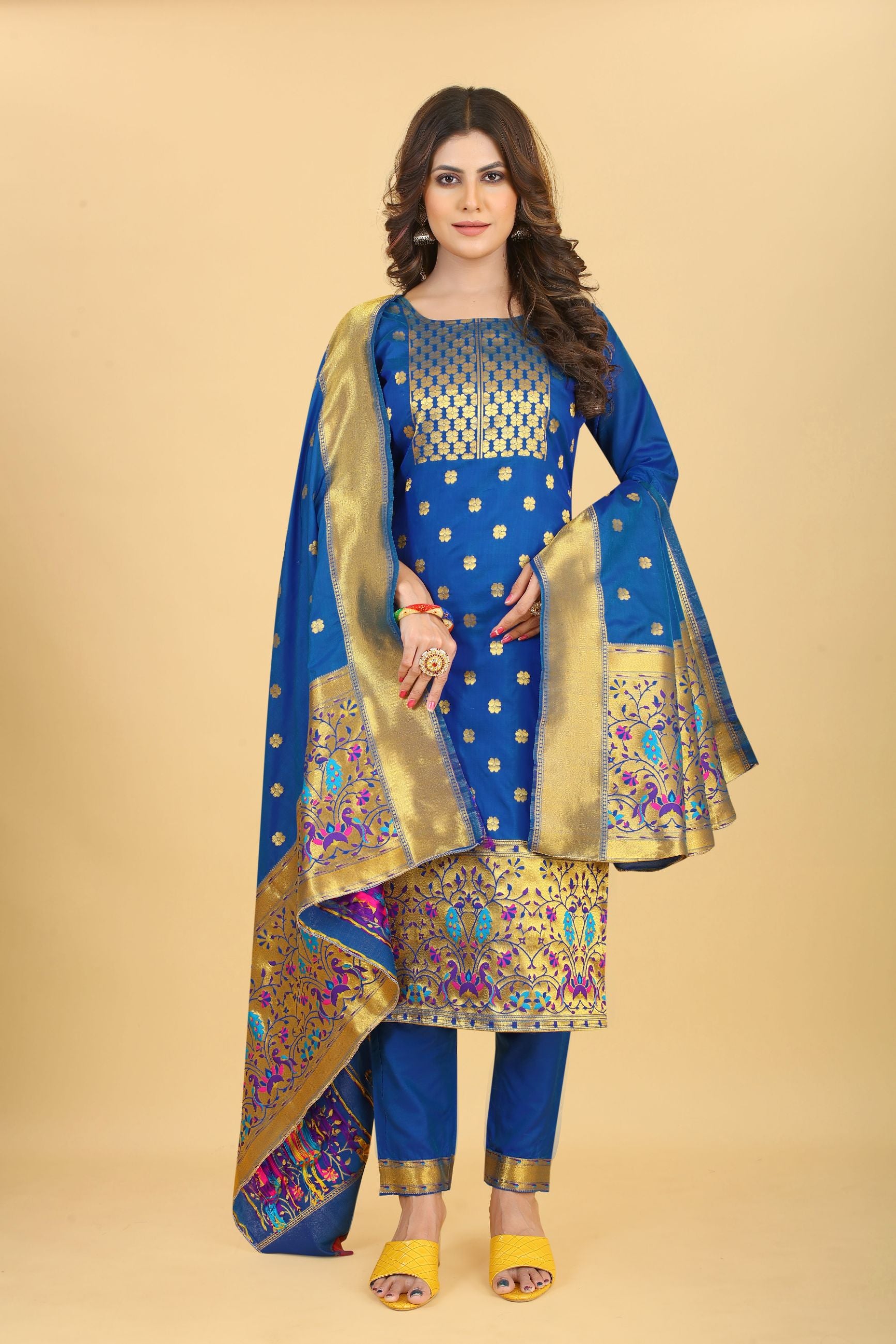 Royal Blue Color Part Wear Dress material for suits in Paithani Style