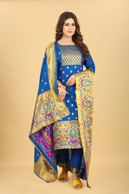 Paithani Silk With Zari Weaving Salwar Suit ( Unstitched ) Royal