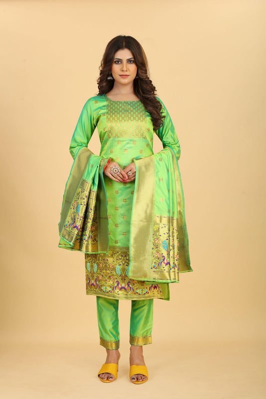 Paithani Silk With Zari Weaving Salwar Suit ( Unstitched ) Pista